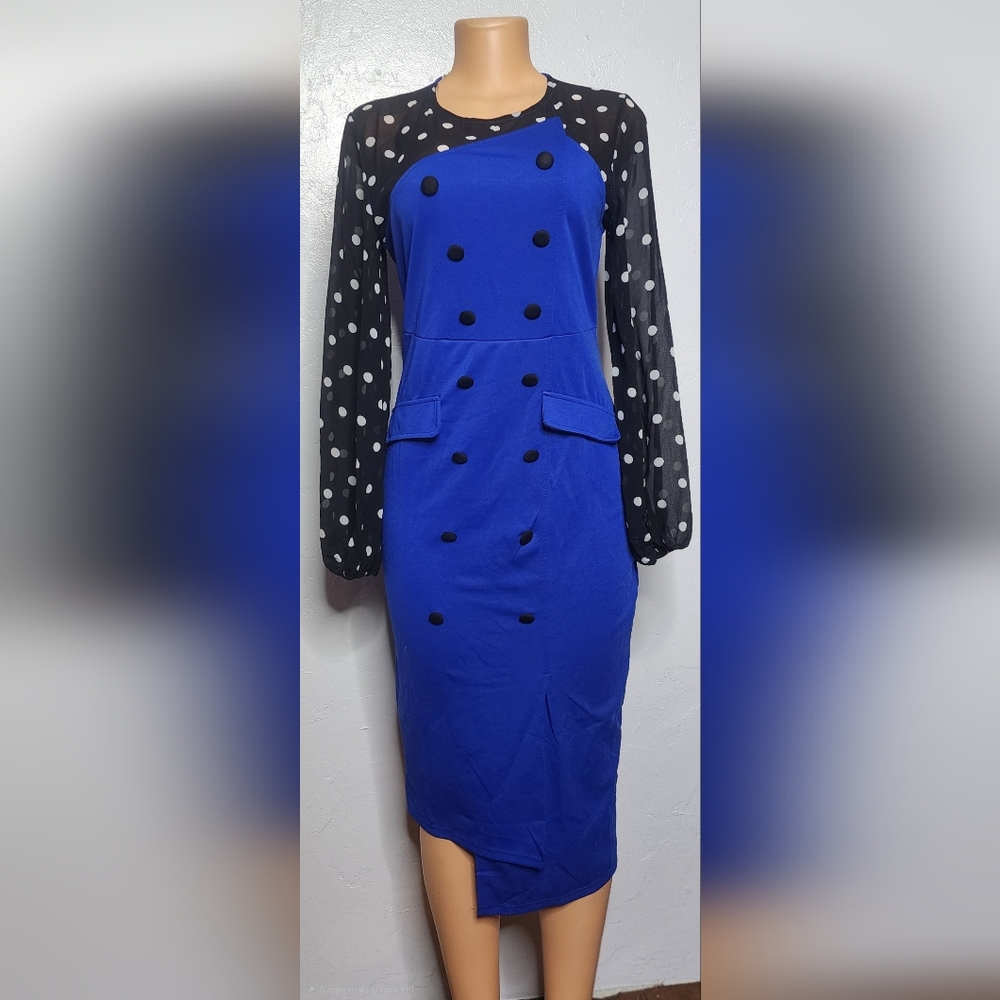Metamorphosis Girl XL Cobalt Blue Dress with Black and White Polka Dot Sleeves